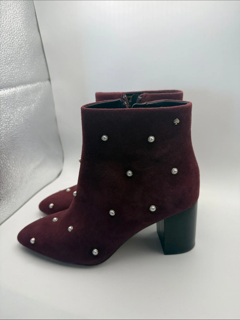 Like New Kate Spade Burgundy Pearl-Embellished Suede Ankle Boots Booties Size 6